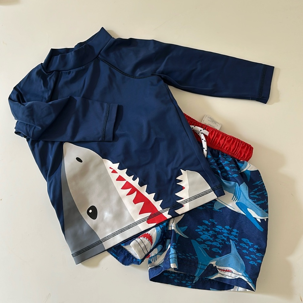 Mini Biden Shark swim trunks and shirt